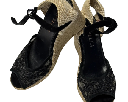 Le Silla Black Lace and Sequin Wedge Espadrilles