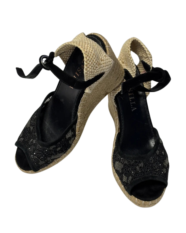 Le Silla Black Lace and Sequin Wedge Espadrilles