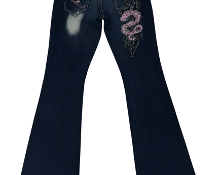 Crazy Age Blue Y2K Tribal Dragon Rhinestone Flare Jeans