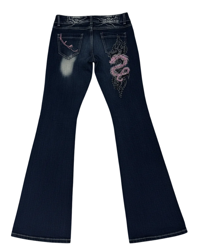 Crazy Age Blue Y2K Tribal Dragon Rhinestone Flare Jeans
