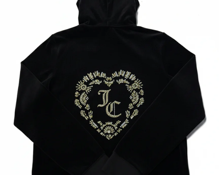 Juicy Couture Black Velour Crystal Heart Zip-Up Hoodie