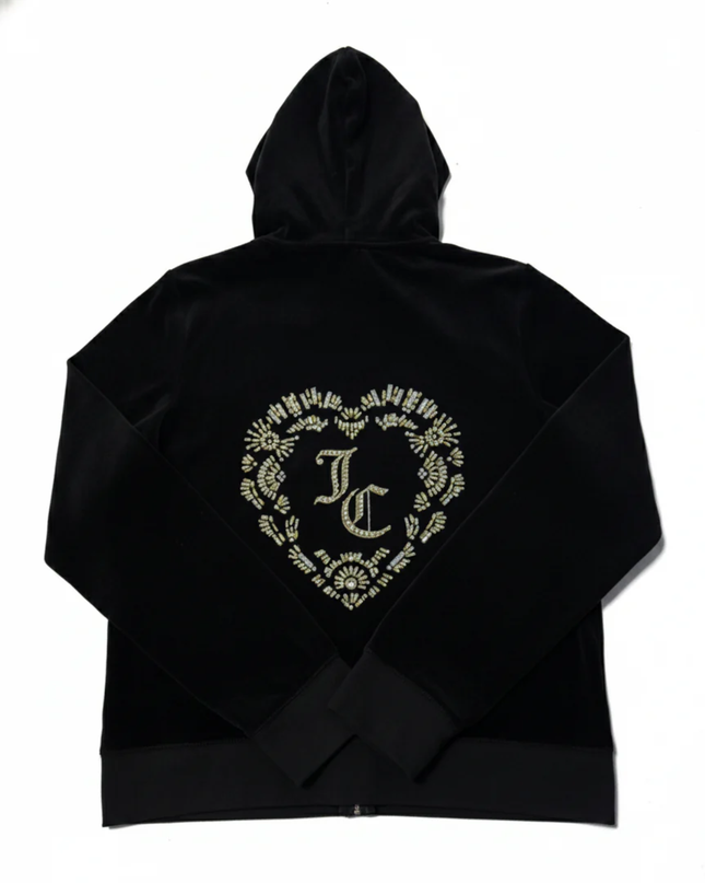 Juicy Couture Black Velour Crystal Heart Zip-Up Hoodie