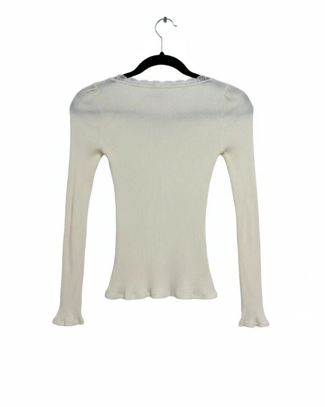 Topshop Cream Ribbed Long Sleeve Lace Trim Top