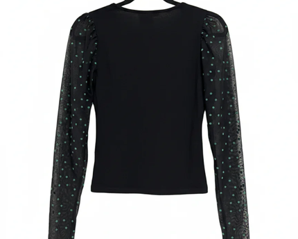 RESERVED Black V-Neck Top with Polka Dot Mesh Sleeves