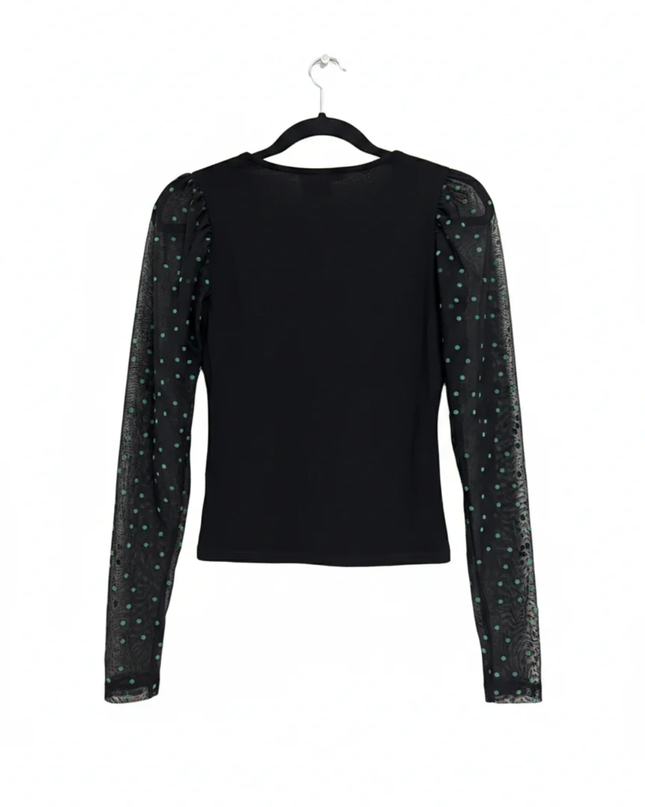 RESERVED Black V-Neck Top with Polka Dot Mesh Sleeves