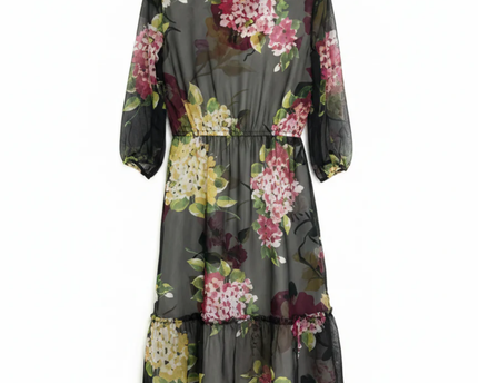 Lauren Ralph Lauren Black Multi Floral Sheer Tiered Midi Dress
