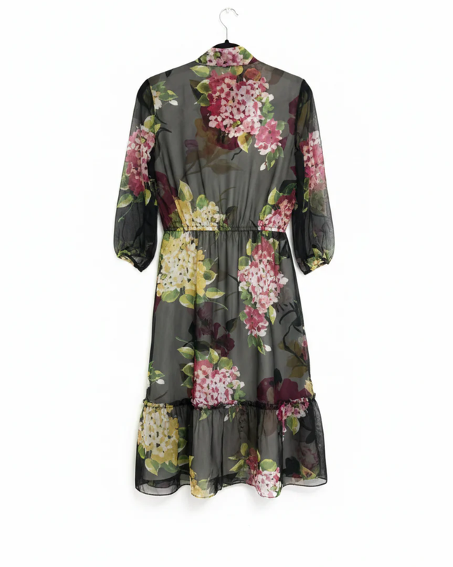 Lauren Ralph Lauren Black Multi Floral Sheer Tiered Midi Dress