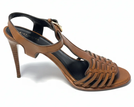 Coach Brown Izzy Leather Woven T-Strap Stiletto Sandals