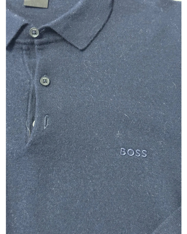 BOSS Navy Blue Long Sleeve Knitted Polo Sweater