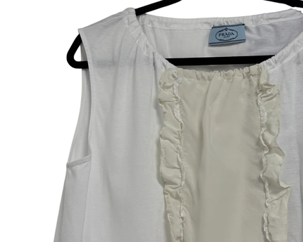 Prada White Sleeveless Top with Silk Ruffle Front