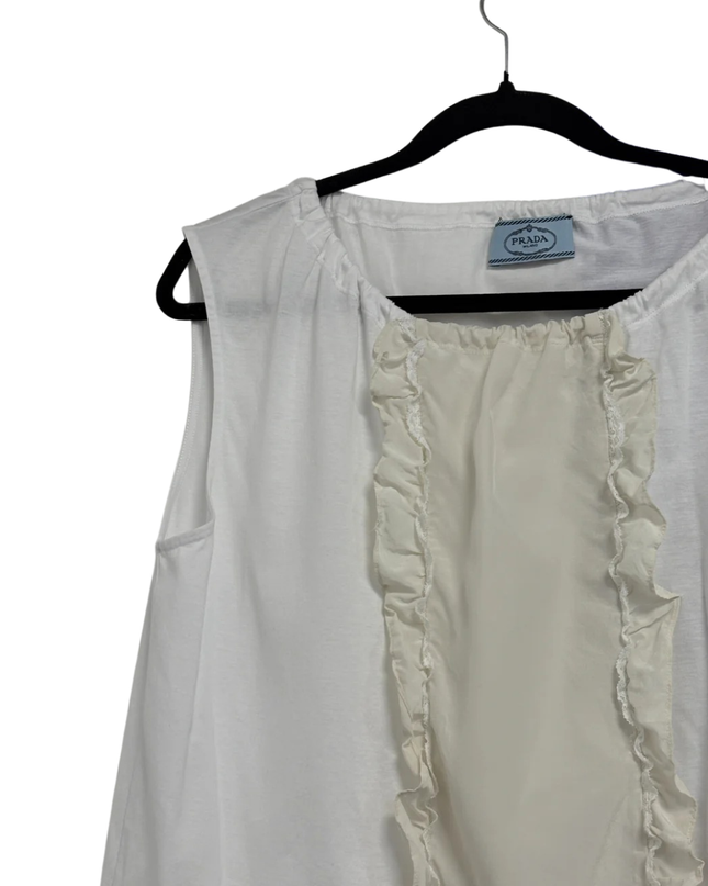 Prada White Sleeveless Top with Silk Ruffle Front