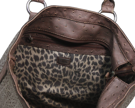 Guess Brown Logo Print Ostrich Trim Tote Bag