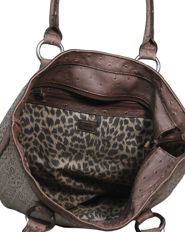 Guess Brown Logo Print Ostrich Trim Tote Bag