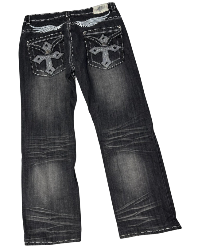 HAYDEN.K Black Distressed Contrast Stitch Wings Jeans
