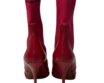 Fendi Red Leather and Ribbed Knit Pointed Toe Sock Boots