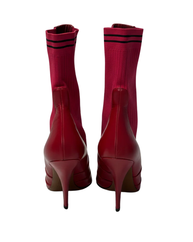 Fendi Red Leather and Ribbed Knit Pointed Toe Sock Boots