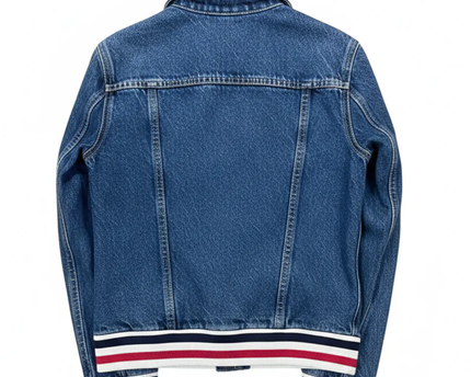Levi's Blue Denim Trucker Jacket with Sporty Striped Ribbed Trim