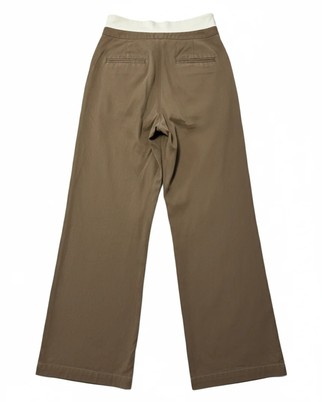 Reformation Brown Contrast Fold-Over Waistband Pleated Wide Leg Pants