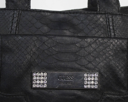 Guess Black Faux Python Satchel Bag with Rhinestone Detail