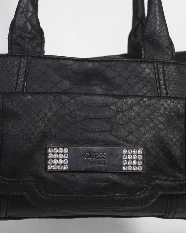 Guess Black Faux Python Satchel Bag with Rhinestone Detail
