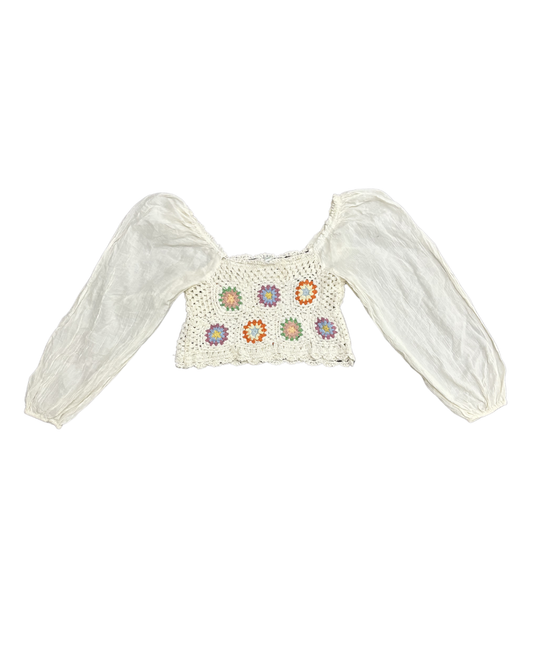 Aerie White Boho Crochet Floral Patchwork Peasant Top - XXS