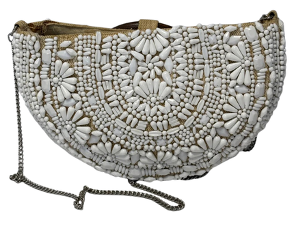 Zara White Beaded Clutch Bag with Wooden Handles