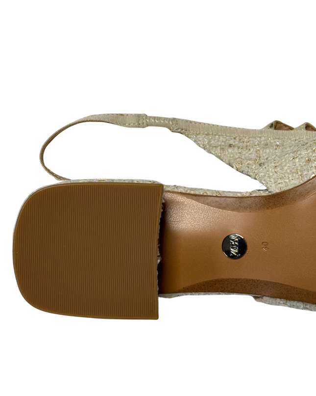 Zara Beige Tweed Slingback Block Heel Shoes