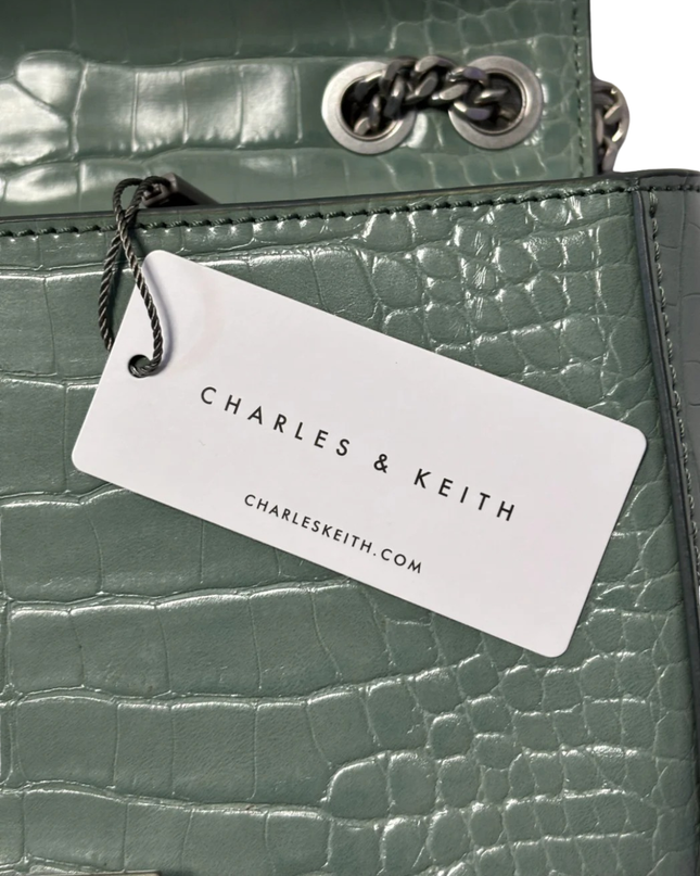 Charles & Keith Sage Green Croc-Effect Chain Strap Bag W/TAG