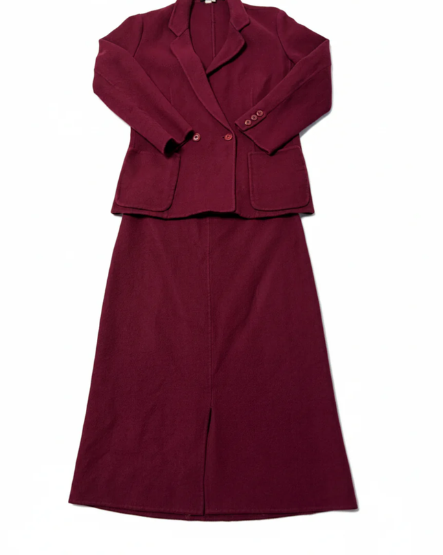 Salvatore Ferragamo Maroon Double-Breasted Wool Skirt Suit Set