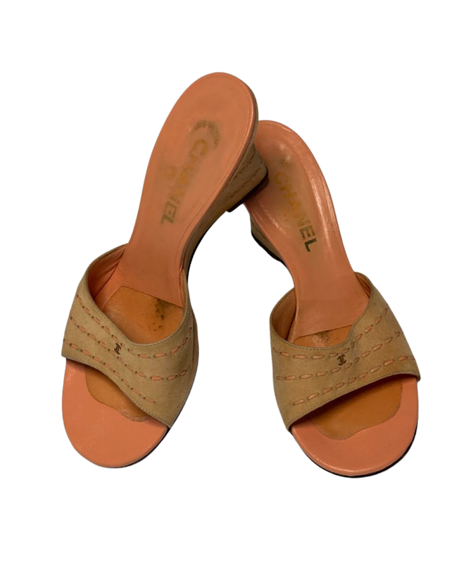 Chanel Beige Suede Wedge Sandals