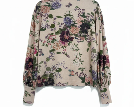 Stradivarius Pink Floral High Neck Puff Sleeve Top
