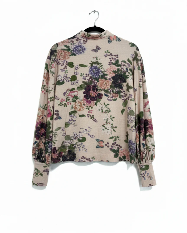 Stradivarius Pink Floral High Neck Puff Sleeve Top