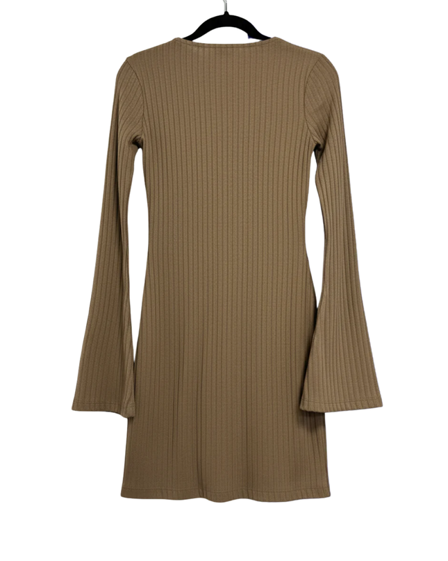 NA-KD Brown Ribbed Trumpet Sleeve Mini Dress