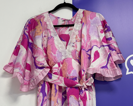 ANANY Pink Multi Marble Print V-Neck Ruffle Mini Dress