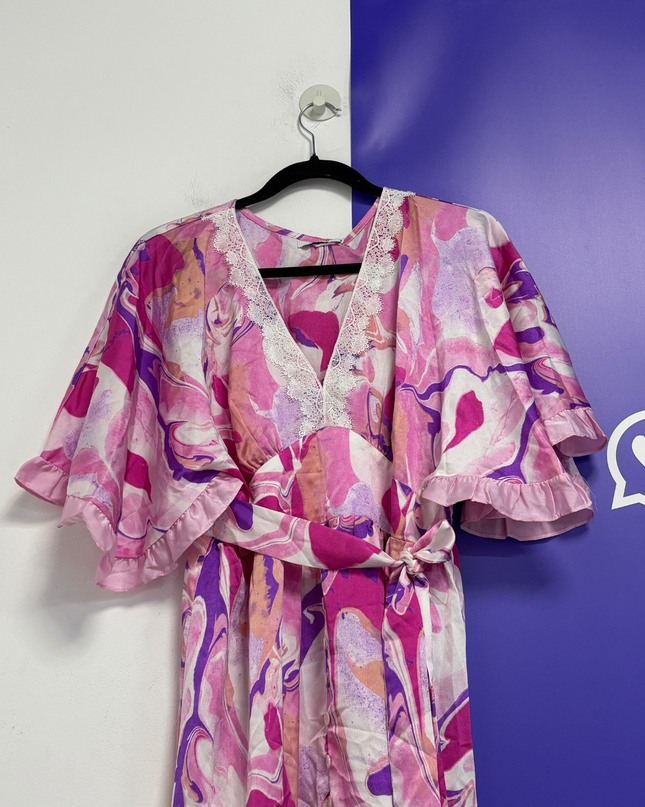 ANANY Pink Multi Marble Print V-Neck Ruffle Mini Dress