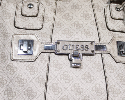 Guess Beige Logo Print Double Handle Satchel Bag