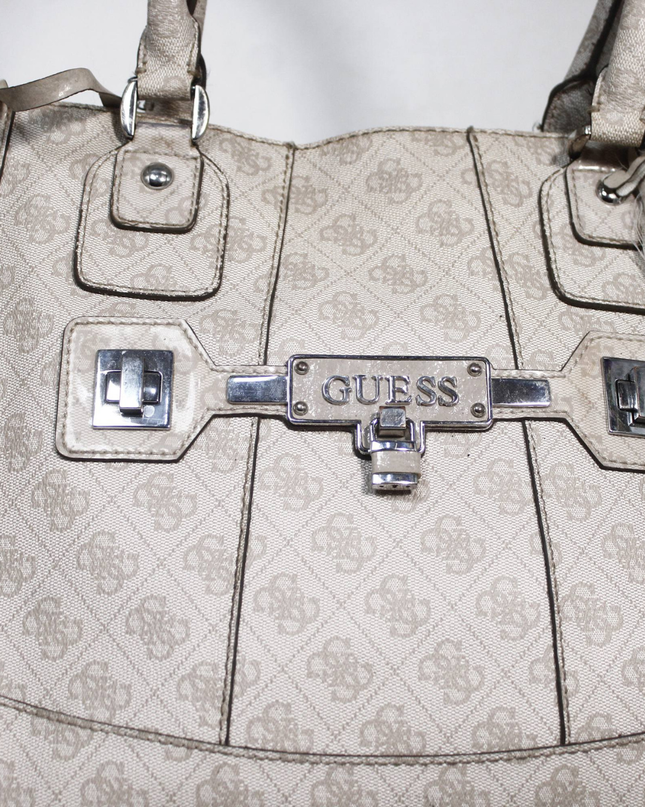 Guess Beige Logo Print Double Handle Satchel Bag