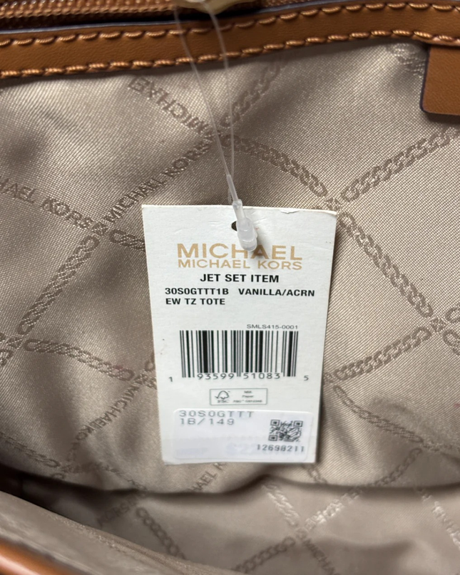 Michael Kors Jet Set Vanilla/Acorn Monogram Tote Bag W/Tags