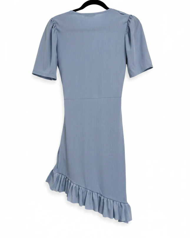 Boohoo Light Blue Ribbed Wrap Ruffle Dress