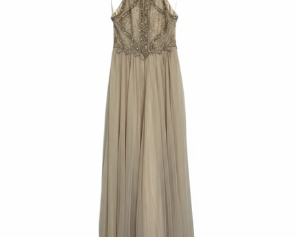 Betsy & Adam Champagne Embellished Halter Neck Gown