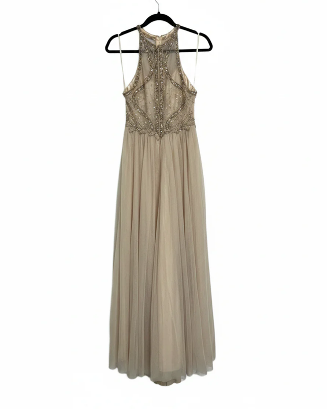 Betsy & Adam Champagne Embellished Halter Neck Gown