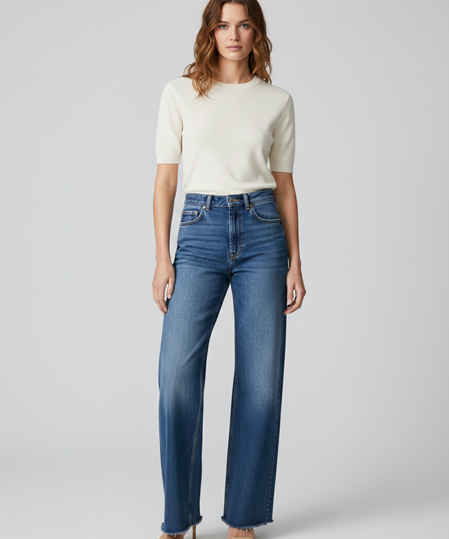 Zara Blue High-Rise Wide Leg Jeans with Raw Hem