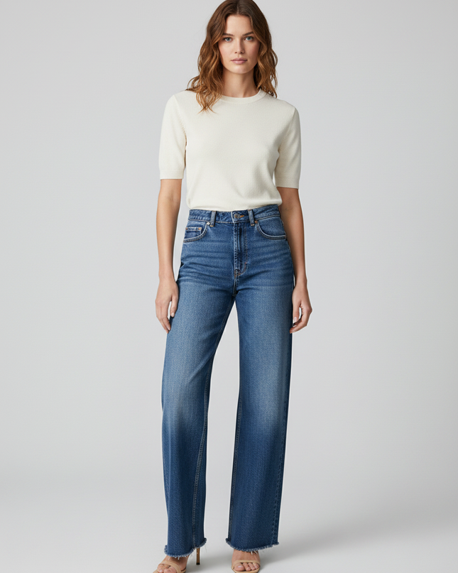Zara Blue High-Rise Wide Leg Jeans with Raw Hem