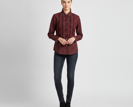 Ralph Lauren Red Plaid Ruffle Front Blouse