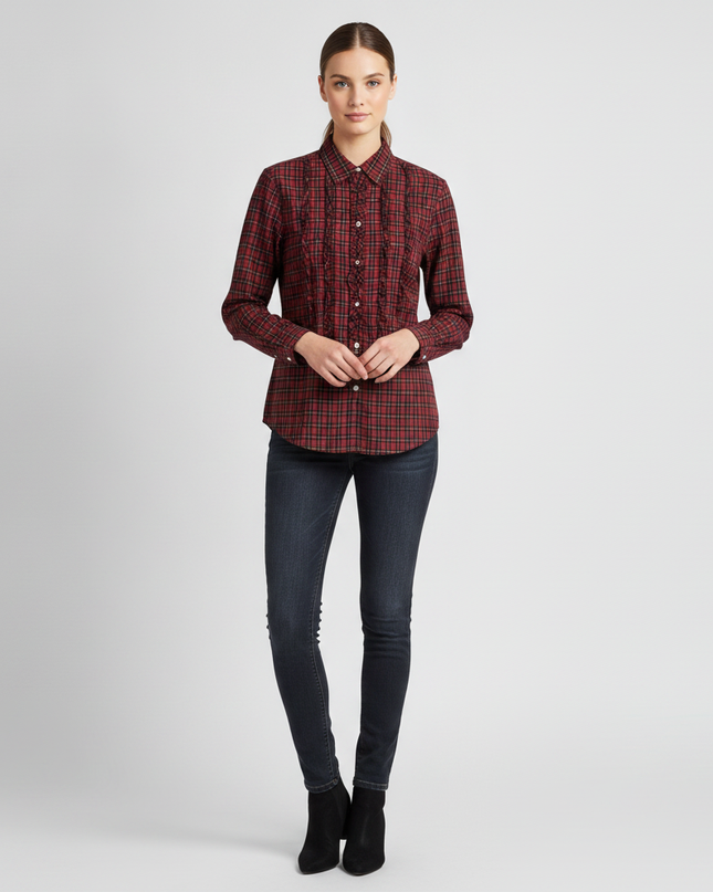 Ralph Lauren Red Plaid Ruffle Front Blouse