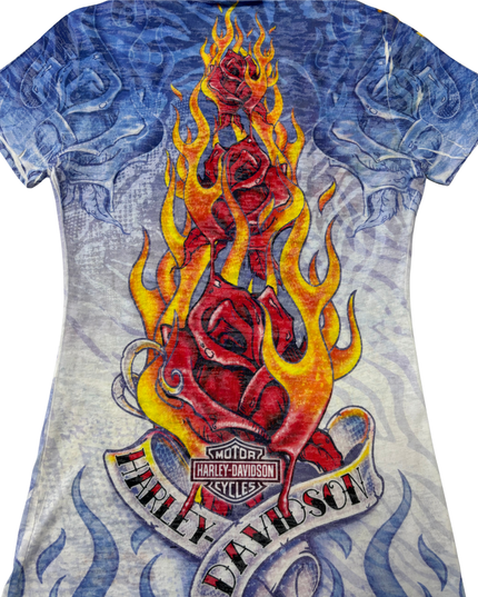 Harley-Davidson Y2K Blue All-Over Flaming Rose Tattoo Print Fitted T-Shirt