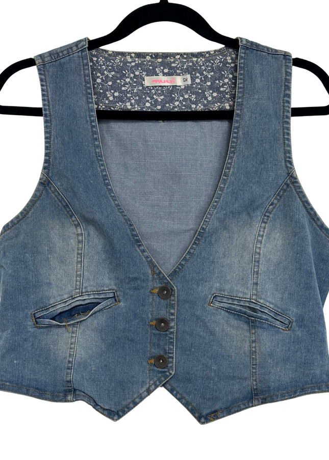 Muui Light Wash Denim with Braided Back Detail Button-Up Vest - S