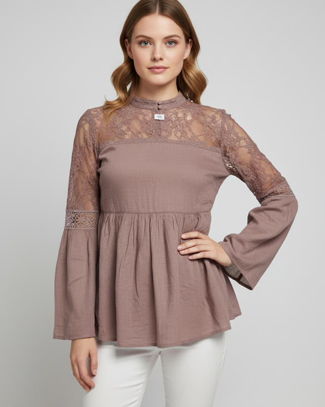American Eagle Mauve Lace Bell Sleeve Blouse