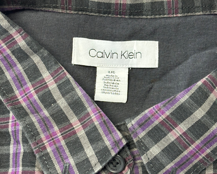 Calvin Klein Purple & Green Plaid Long Sleeve Cotton Shirt