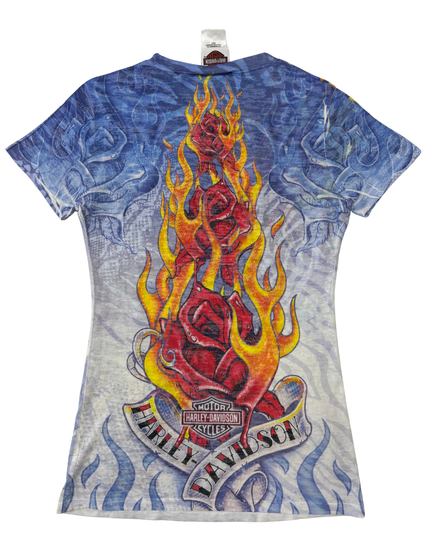 Harley-Davidson Y2K Blue All-Over Flaming Rose Tattoo Print Fitted T-Shirt
